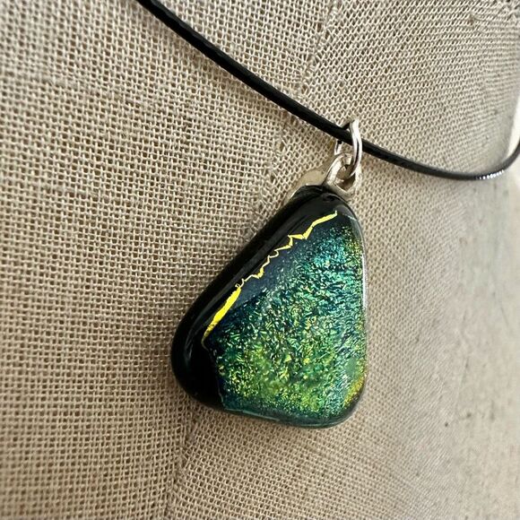 Dichroic Glass Triangle Pendant Necklace on Black Wire Cord - Picture 3 of 7